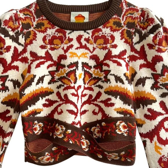 FARM Rio Cropped Floral Jacquard-Knit Sweater XS Colorful Boho Top - Picture 3 of 9